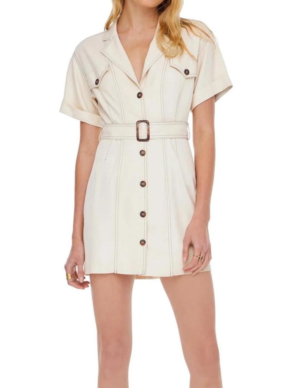 Astr Cream Short Sleeve Belted Shirt Dress